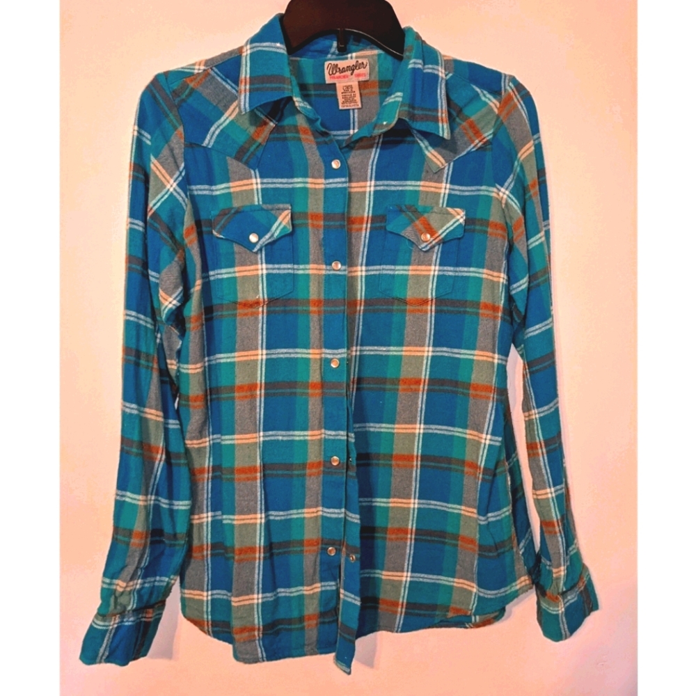 Wrangler Pearl Snap Large Western Shirt Multicolored Blue and orange button up